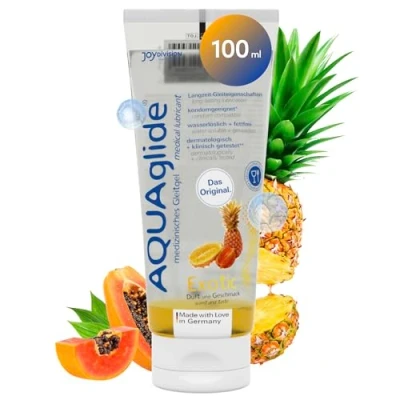 Immagine di JOYDIVISION AQUAglide lubrificante Exotic 100ml è un esotico, dal profumo vegano, privo di olio, a base d&#039;acqua e compatibile con i preservativi in lattice.