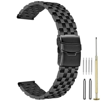 Immagine di Juntan cinturino per orologio in acciaio inox, 20 mm, 22 24 fissaggio a vite, metallo, fibbia deployante, uomo e donna, nero argento, Nero, 24mm,