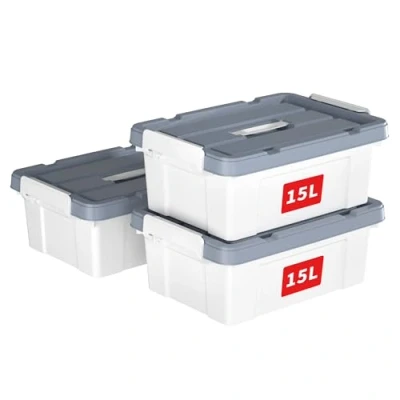 Immagine di Cetomo Scatola portaoggetti in plastica da 15 l* 3, contenitore per organizzare con coperchio durevole e fibbie di chiusura sicure, impilabile annidabile, confezione bianco