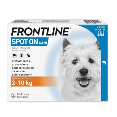 Immagine di FRONTLINE Spot On, 3 Pipette, Cane Taglia S, 2 10 Kg, Antiparassitario per Cani e Cuccioli di Lunga Durata, Protegge da Zecche, Pulci Pidocchi, Antipulci in Confezione Pipette