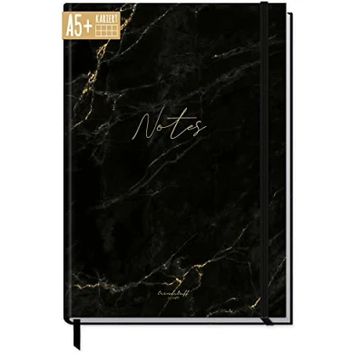 Immagine di Trendstuff by Häfft taccuino A5+ a quadretti con elastico [marmo nero] 156 pagine, 78 fogli come Bullet Journal, diario, sostenibile e ecologico