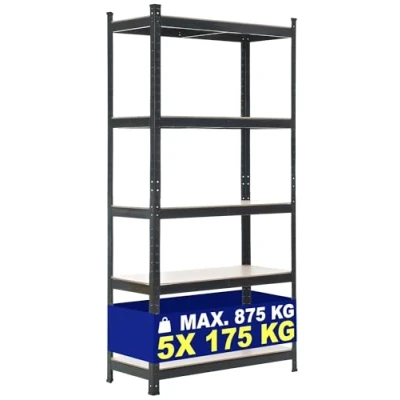 Immagine di CLP Scaffale Magazzino Alta Portata 875 kg I Robusto in Metallo Zincato 5 Ripiani Regolabili Scaffalatura Garage da Muro, Colore:Nero, Dimensione:90x40x180 cm