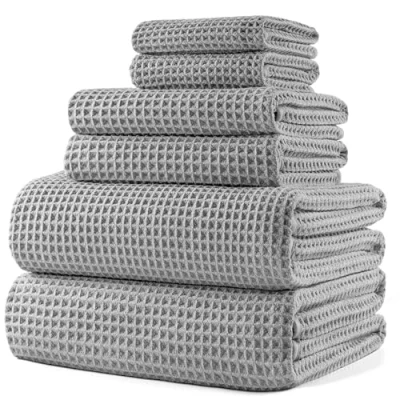 Immagine di POLYTE Oversize, 152,4 x 76,2 cm, set di asciugamani da bagno in microfibra ad asciugatura rapida, senza pelucchi, 6 pezzi (grigio chiaro, trama a nido d&#039;ape)