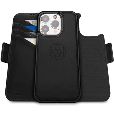 Immagine di dreem Fibonacci compatibile con iPhone 15 Pro custodia a portafoglio/custodia antiurto 2 in 1 e folio pelle vegana staccabile, MagSafe, protezione RFID [Nero]