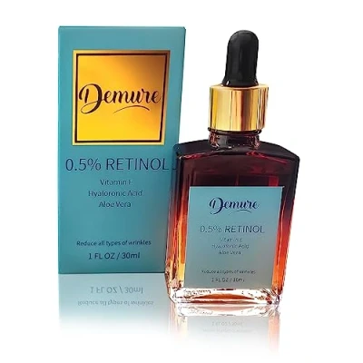 Immagine di Demure Retinolo 0,5% siero con acido ialuronico, vitamine E, vitamina C e aloe vera, contro rughe, anti invecchiamento, per viso décolleté, formula equilibrata 30 ml