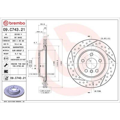 Immagine di BREMBO 09.C743.21 Disco freno 300 20 5 ventilazione interna, intagliato/perforato rivestito ad alto tenore di carbonio con bulloni/viti MINI: Clubman