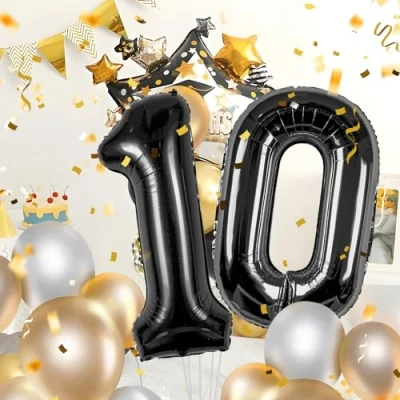 Immagine di Palloncini Compleanno 10 anni Noir 101 CM Palloncino Numero Gonfiabile in Foil Decorazioni di un uomo donna Vola con l&#039;Elio
