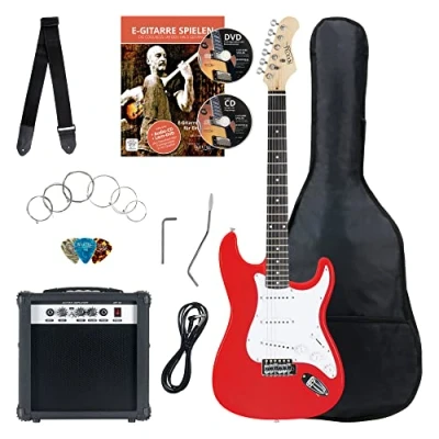 Immagine di Rocktile Banger&#039;s Pack Set Chitarra Elettrica Rosso Kit Completo per Chitarre Elttriche con Amplificatore 25W, Custodia Morbida, Cavo, Tracolla, Tremolo, Plettri Red Highgloss