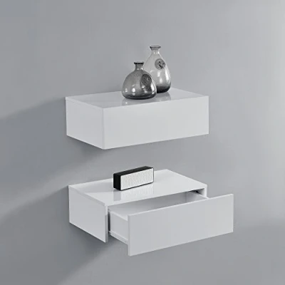 Immagine di [en.casa] Set di 2 Comodini Sospesi Mensole da Parete con Cassetto Integrato Mobiletti Salvaspazio per Camera Letto Ingresso Soggiorno 46x30x15 cm Bianco Lucido