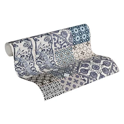 Immagine di Livingwalls 369232 Metropolitan Stories Anke &amp; Daan Amsterdam Carta da parati effetto piastrelle, in tessuto non tessuto, 10,05 x 0,53 m, colore: Blu/Crema/Bianco