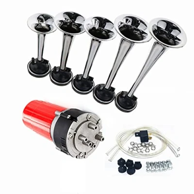 Immagine di YIYIDA Tromba d&#039;aria musicale a cinque tubi 160db per camion Car Horn 12V Corno da musica Dixie argento con altoparlante pompa ad aria rossa auto nave ecc