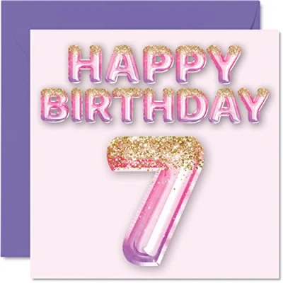 Immagine di Stuff4 Biglietto di auguri per il 7 compleanno ragazze Palloncini glitterati rosa e viola Biglietti anni, figlia, sorella, nipote, cugino, 145 mm x