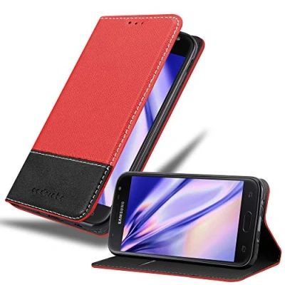 Immagine di Cadorabo Custodia Libro per Samsung Galaxy J3 2017 in ROSSO NERO con Vani di Carte, Funzione Stand e Chiusura Magnetica Portafoglio Cover Case Wallet Book Etui Protezione
