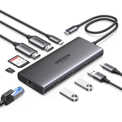Immagine di UGREEN Revodok Pro 210 Docking Station USB C 10 In 1 Doppio HDMI 8K30Hz 4K60Hz Hub Adattatore a 2 Ethernet Gigabit 3.0 PD 100W Lettore Schede SD TF Compatibile con MacBook Air M2 M1