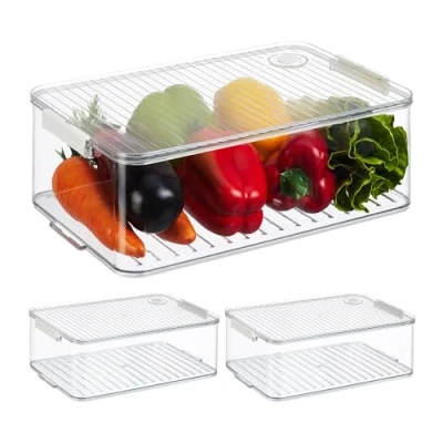 Immagine di Relaxdays Contenitori per Frigo con Coperchio, Set da 3, Impilabile, Box Frutta e Verdura, Salvaspazio, Trasparente, Plastica, 10,5 x 33 21 cm ca