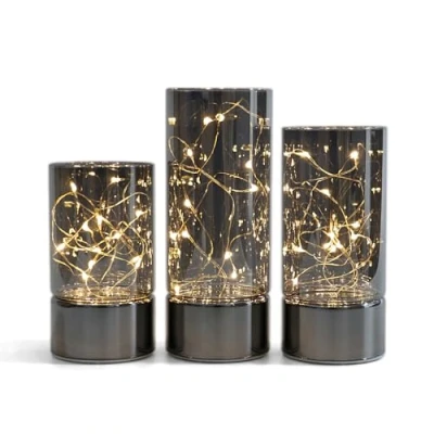 Immagine di Rhytsing 3 Lanterne con Catene Luminose Led, Lampada in Vetro Timer, Luci di Natale Grigio Fumo per Interni, H 12,5cm / 15 cm 17,5