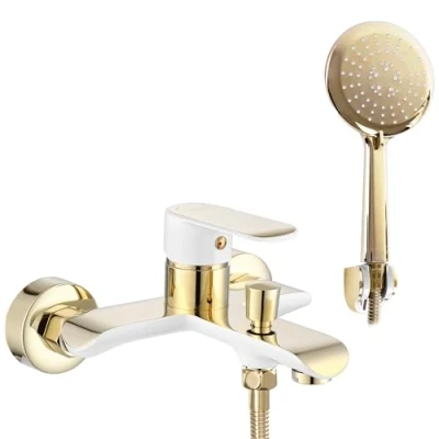 Immagine di Rea BLOOM RUBINETTO Vasca ORO BIANCO Miscelatore con Doccia in Ottone per Bagno Caldo e Freddo regolabile (Oro/Bianco)
