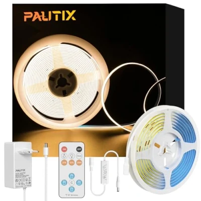 Immagine di PAUTIX Striscia LED COB Bianco Caldo 2700K 2m,480LEDs/M dimmerabile 24V Flessibile con Telecomando RF e Alimentatore,CRI90 + luce da incasso luminosa per decorazione domestica fai te