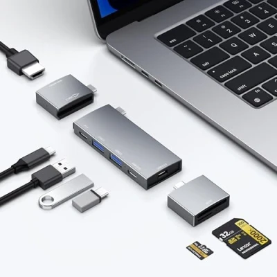 Immagine di hub USB C per MacBook, 7 in 2, porta Thunderbolt 4 C, 4K 60Hz HDMI, 2 porte A, lettore di schede microSD SD MacBook Pro 13 pollici, Air M1 M2 M3 iPad Dell