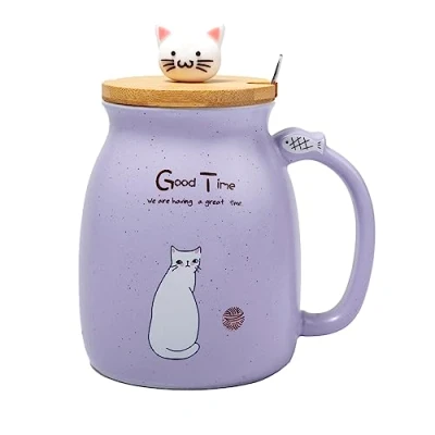 Immagine di lachineuse Tazza Kawaii 450 ml grande gatto con coperchio e cucchiaio per infusione, tè caffè originale giapponese Idea regalo Giappone Asia Kitty Carino Colore Viola