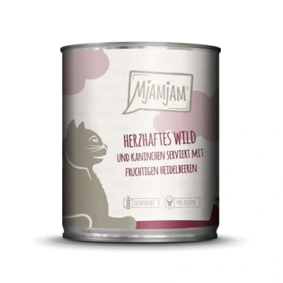 Immagine di MjAMjAM cibo umido premium per gatti sostanziosa selvaggina e coniglio con mirtilli fruttati, confezione da 6 (6 x 800 g), senza cereali carne extra