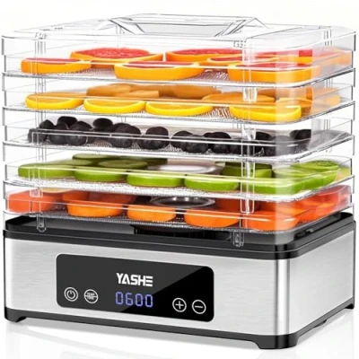 Immagine di YASHE Essiccatore Alimentare, con 5 Vassoi in Acciaio Inox, 400W, Timer e Temperatura Regolabili per Carne Secca, Erbe, Frutta Snack Cani