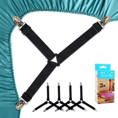 Immagine di Felly Clip Lenzuola 4 Pezzi Bretelle Regolabili Elastici 3 Modi Triangolo con Pinze per Angoli (Nero)
