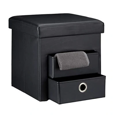 Immagine di Relaxdays Pouf Contenitore Pieghevole, Scomparto Interno, 2 Cassetti Rimovibili, Cubo, finta pelle, Nero, HxLxP: 38 x cm