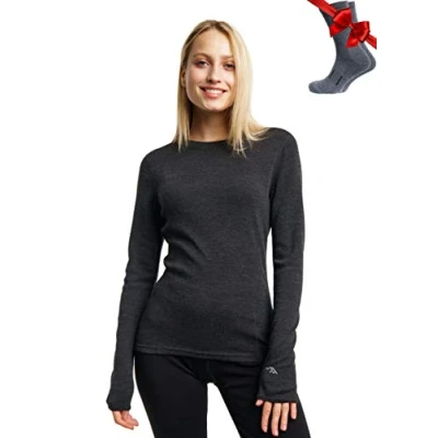 Immagine di Maglia Termica Donna di Lana Merinos Merino Maglietta Maniche Lunghe Peso Medio Magliette Intimo Base Layer + Le Calze in (XX Large, Charcoal Grey 250)