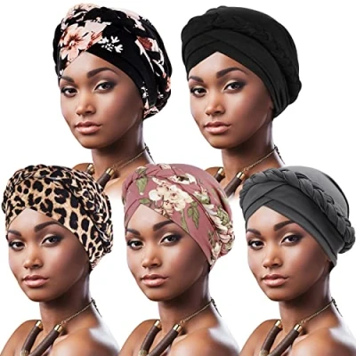 Immagine di DRESHOW Donna Africane Turbante Pre Legato Copricapo a treccia Testa Avvolge Cappello Boho Chemio Cap Elastico Annodato Berretto