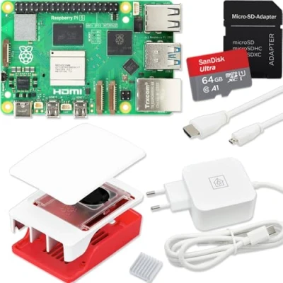 Immagine di Raspberry Pi 5 4 GB Starter Kit Alimentatore USB C 27 W Alloggiamento con ventola Scheda SD da 64 Cavo Micro HDMI 4K Rosso Bianco