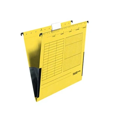 Immagine di Falken Confezione da 25 sacchetti sospesi UniReg. Made in Germany. Realizzato cartone riciclato per DIN A4 con rane di lino giallo, motivo angelo blu, ideale riporre fogli sciolti ufficio