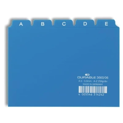 Immagine di Durable 366006 Divisore alfabetico per schedario, f.to A6, con etichette prestampate (A Z), azzurro, confezione da 25 pezzi