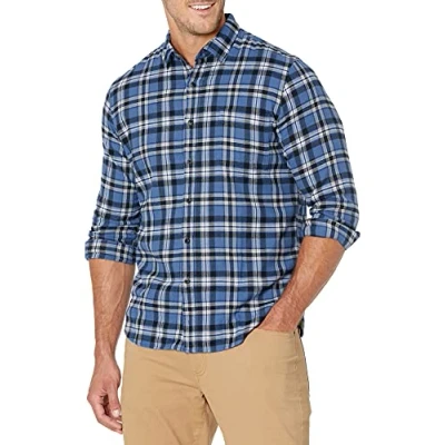 Immagine di Amazon Essentials Camicia In Flanella Scozzese Con Bottoni A Maniche Lunghe Sagomata Uomo, Nero Blu Motivo Scozzese, M