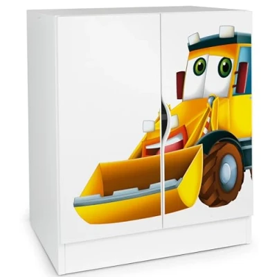 Immagine di leomark Mobiletto moderno bianco motivo ESCAVATORE mobili per la cameretta dei bambini, armadio, cassettiera, ripiani regolabili in altezza, dimensioni: 60 x 42 78 cm.