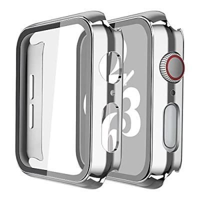 Immagine di [2 Pezzi] Misxi Cover Apple Watch Series 6/SE/Serie 5/Series 4 Con Vetro Temperato 44mm, Custodia Rigida iWatch Protezione Totale Ultra Sottile HD Clear Pellicola Protettiva, 1 Argento + Trasparente