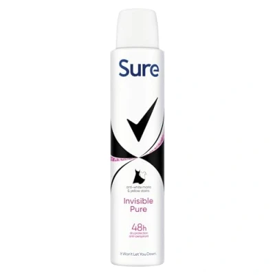 Immagine di Sure Invisible Pure Deodorante spray anti traspirante da donna, protegge macchie bianche e gialle, per 48 ore di protezione sudore odori, 6 x 200 ml