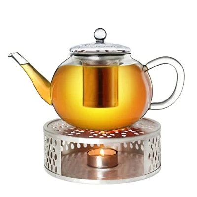 Immagine di teiera in vetro + Fornellino per acciaio inossidabile, 3 pezzi, con colino integrato inossidabile e coperchio vetro, ideale la preparazione di tè sfusi / 1200 ml 1,2 l