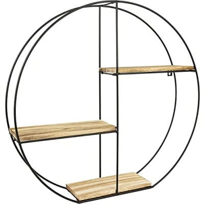 Immagine di BAKAJI Mensola Scaffale Libreria da Parete Design Moderno Rotondo con 3 Ripiani Struttura in metallo Nero Mensole Legno MDF Dimensione 55 x 12 cm