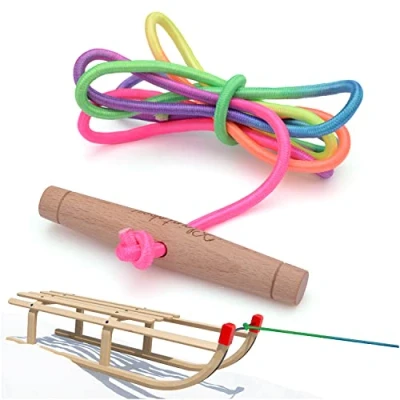 Immagine di KLEINTOBER Guinzaglio per slitta di alta qualità, con manico, extra lungo, 180 cm, colore arcobaleno, slittino, bob, coccinella, manico in betulla, largo, cordino, diametro 5 mm
