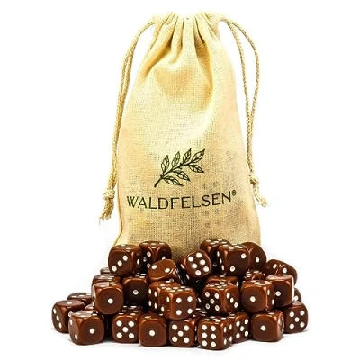 Immagine di Waldfelsen 6, 12, 20, 30 o 50 dadi di alta qualità, dimensioni standard 16 mm, acrilici, da gioco, 6 lati, set accessori gioco con sacchetto stoffa (marrone, pezzi)