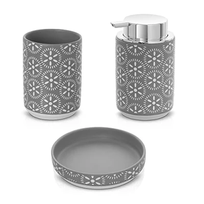 Immagine di Inbagno Set Accessori Bagno Grigio 3 Pezzi, in Ceramica, Dispenser Sapone 350 ml, portaspazzolini e Porta Sapone, Serie Circus