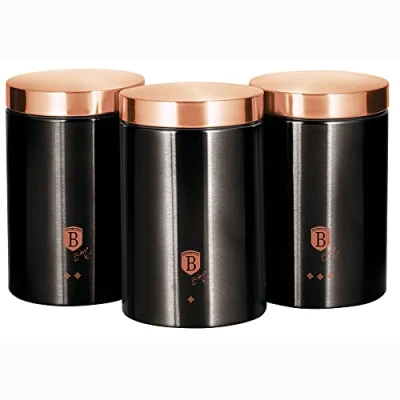 Immagine di Berlinger Haus Black Rose Set di 3 barattoli da cucina, in acciaio inox, resistente, 11 x 17,8 cm, per conservare tè, caffè e zucchero, nero metallizzato/oro rosa