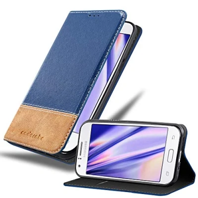 Immagine di Cadorabo Custodia Libro per Samsung Galaxy J1 2015 in Blu Scuro Marrone con Vani di Carte, Funzione Stand e Chiusura Magnetica Portafoglio Cover Case Wallet Book Etui Protezione