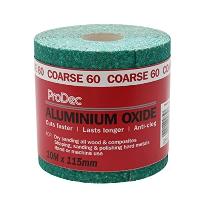 Immagine di ProDec Rotolo da 10 m, grana 60, grossa, colore verde, in ossido di alluminio, per levigare legno, vernice, intonaco, stucco, metallo e altro ancora, larghezza 115 mm, compatibile con