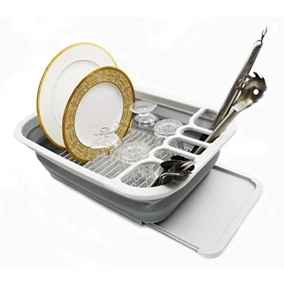 Immagine di SAMMART scolapiatti pieghevole da 12litri con Set di stendibiancheria pieghevole, organizer portatile per stoviglie salvaspazio (grigio)