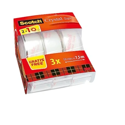 Immagine di Scotch Nastro Adesivo Trasparente Multiuso, Confezione Multipla da 3 Rotoli di Crystal Tape per Pacchi, 2 + 1 Dispenser a Lunga Tenuta Carta, Cartone 19 mm x 7.5 m
