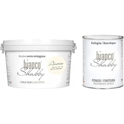 Immagine di CHALK PAINT Avorio (2022) &amp; Finitura Pittura Shabby Chic EXTRA OPACA (2,5 litri) + Trasparente Opaco (1 litro)