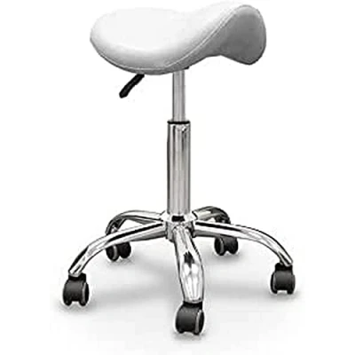 Immagine di QUIRUMED Sgabello Pony, base cromata con 5 ruote, colore bianco, ergonomico, leggero, altezza regolabile, imbottitura ad alta densità, similpelle, fino a 150 kg
