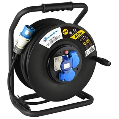 Immagine di Electraline 49059 Prolunga in Gomma 3G2.5 mm² con Avvolgicavo, 2 Prese Industriali IEC e 1 Schuko Spina a 3 Poli Adatto per Camper, Campeggio, Caravan, Barca, Cantiere, Nero, 40 m